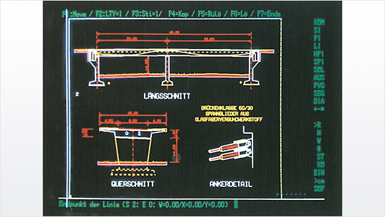 Digital bridge planning with STRAKON in the 1980s - screen representation of a bridge design