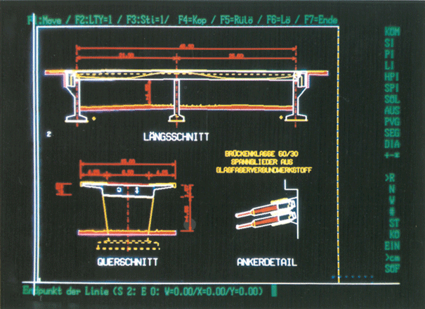 Digital bridge planning with STRAKON in the 1980s - screen representation of a bridge design